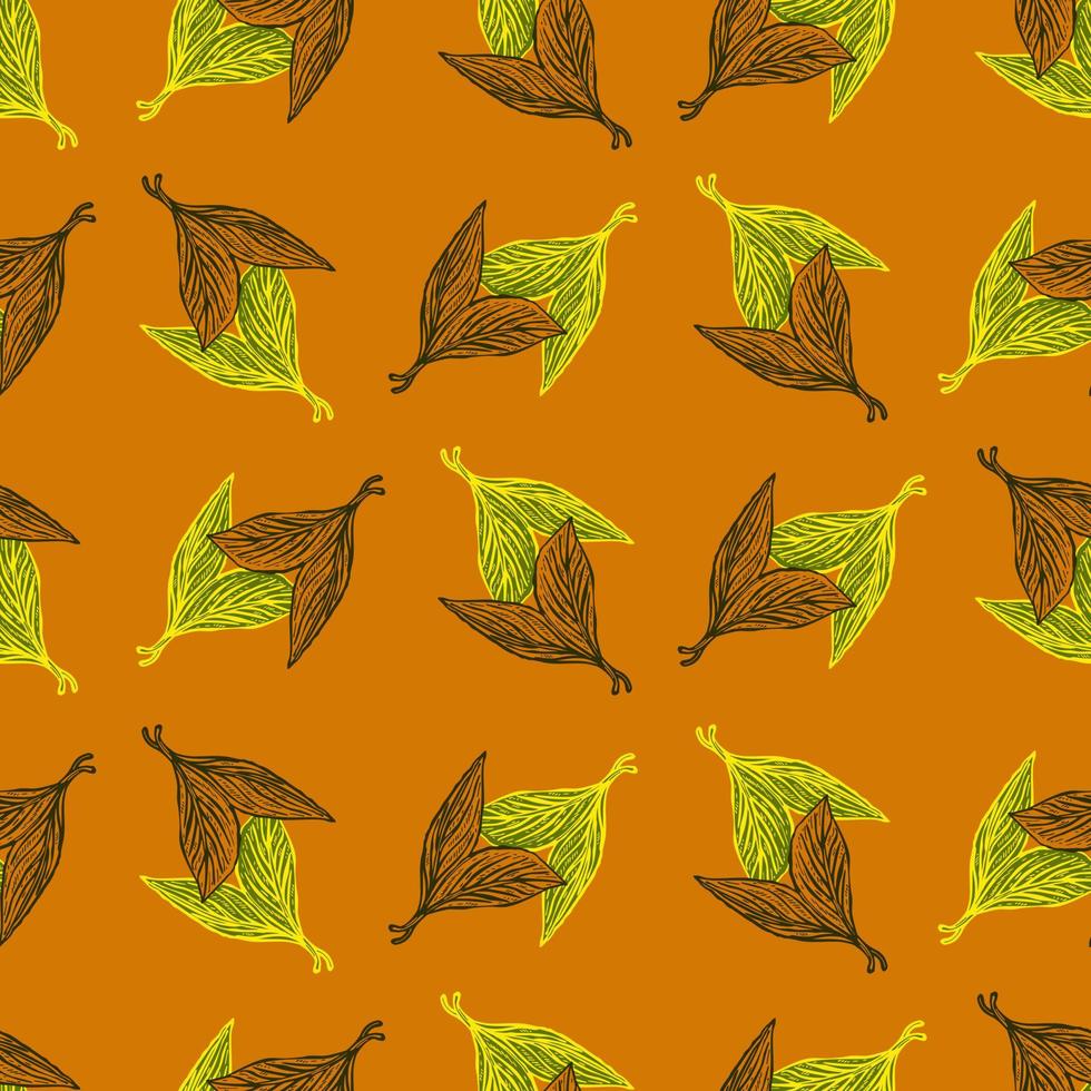 Seamless pattern engraved leaves. Vintage background of tea leaf in hand drawn style. vector