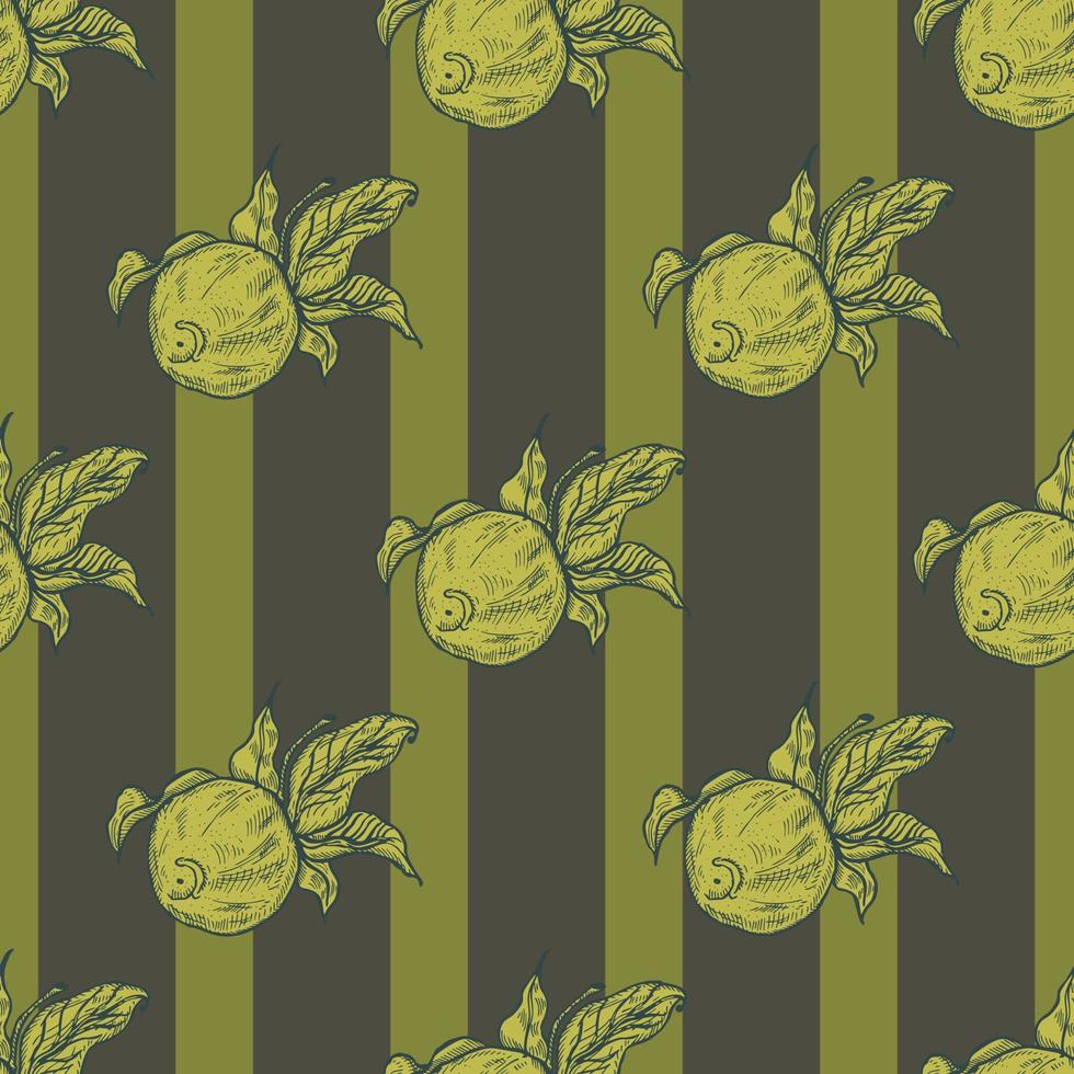 Seamless pattern engraved lemon on twig with leaves. Vintage background citrus fruit on branch in hand drawn style. vector