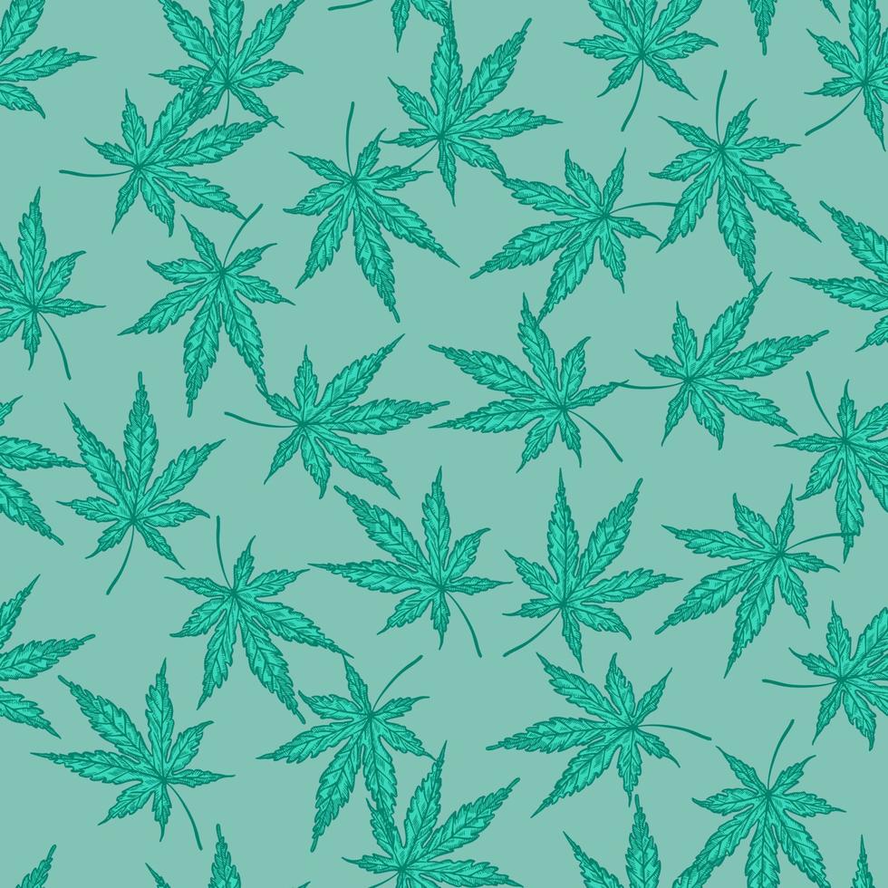 hojas de cannabis grabadas de patrones sin fisuras. fondo retro botánico con hoja de marihuana en estilo dibujado a mano. vector