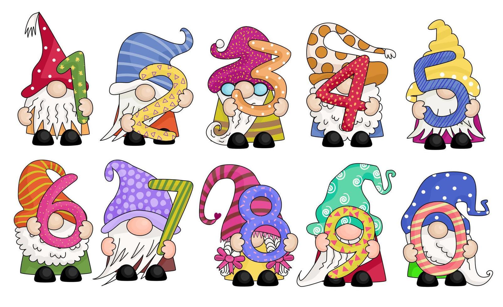 Cute Whimsical Freehand Number Gnomes vector