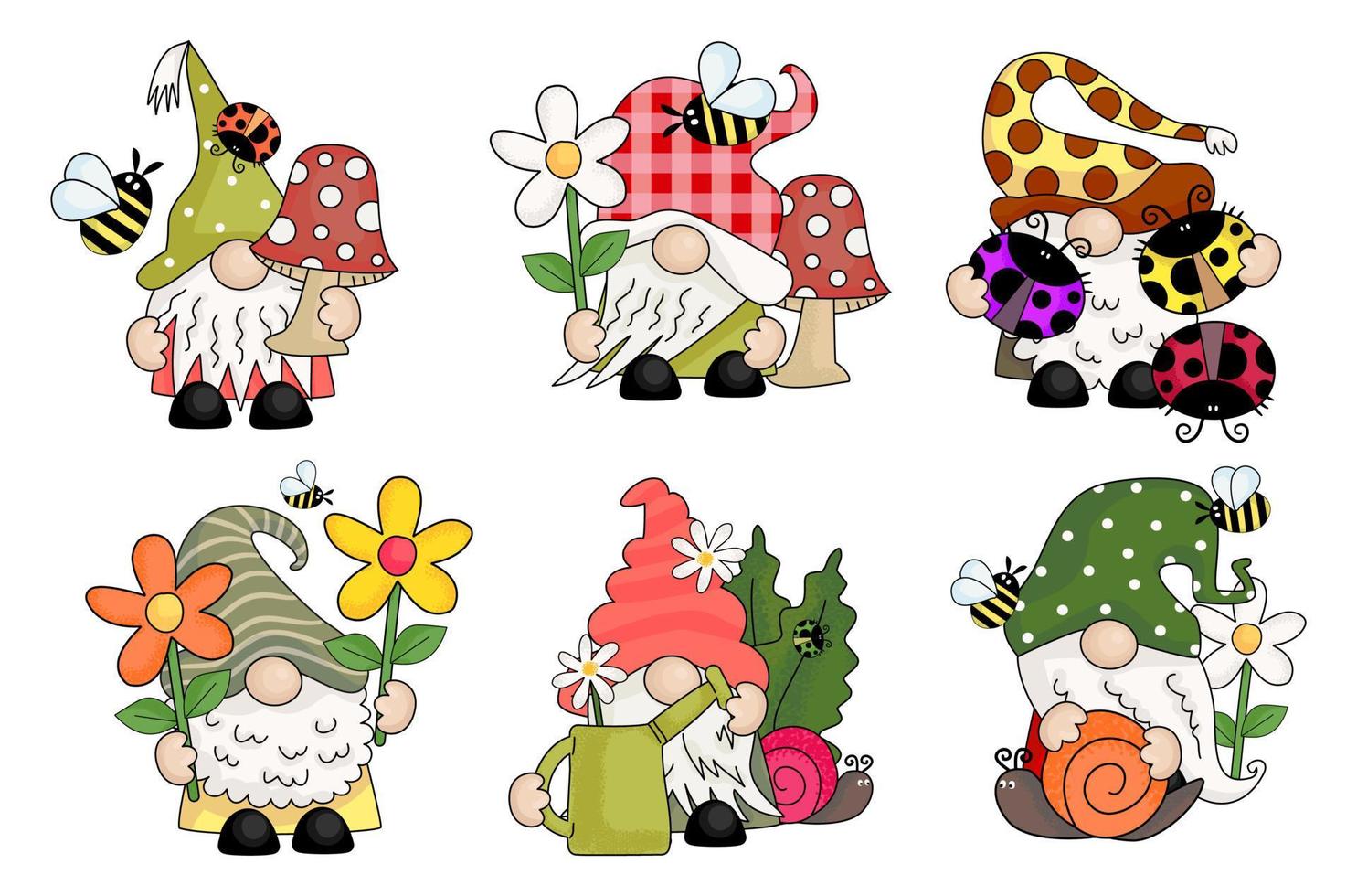 lindos y caprichosos gnomos de jardín de primavera a mano alzada vector