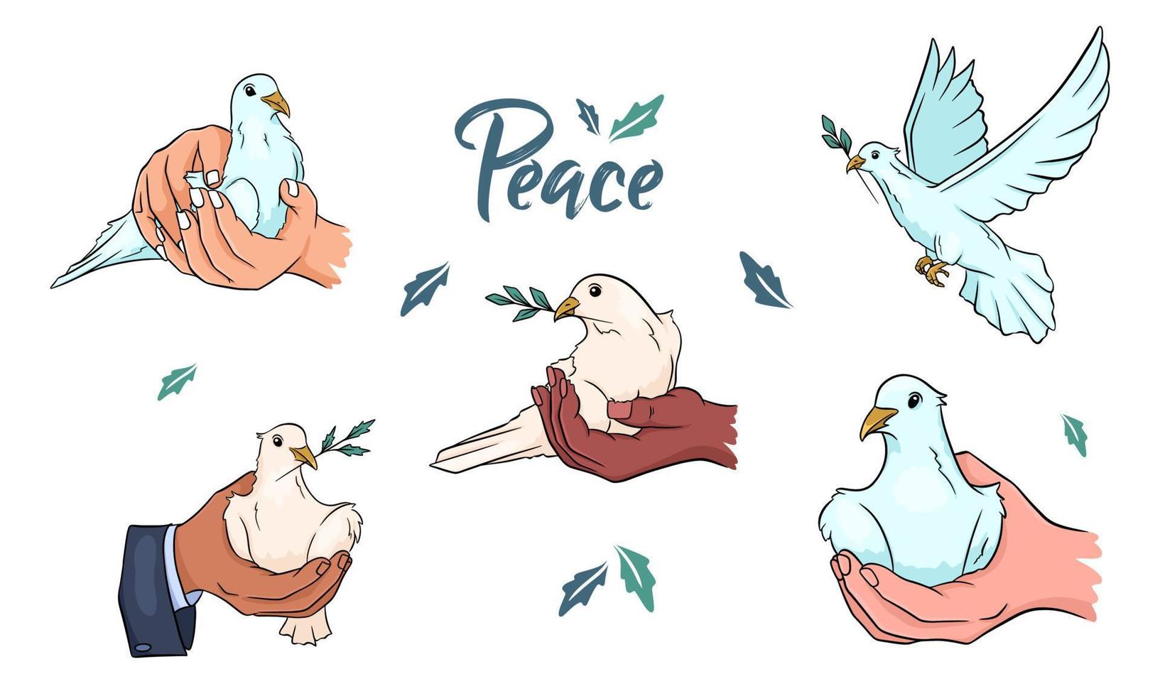 Dove with a twig in its beak. Doves in hand. World peace. vector