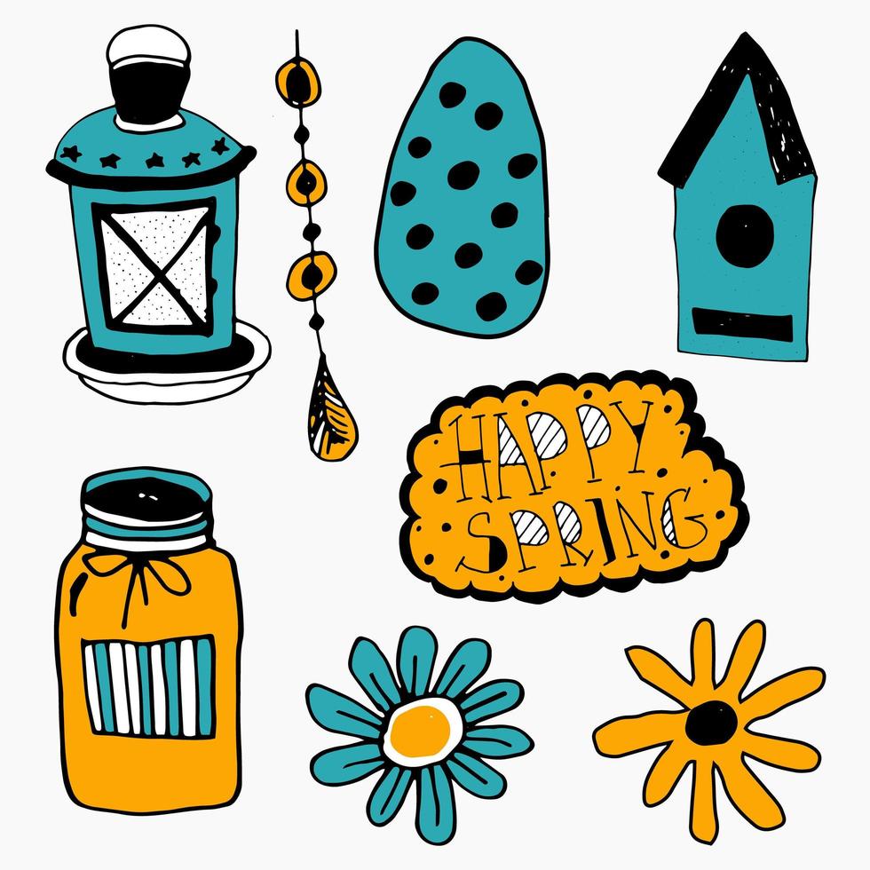 conjunto vectorial de divertidos garabatos feliz primavera vector