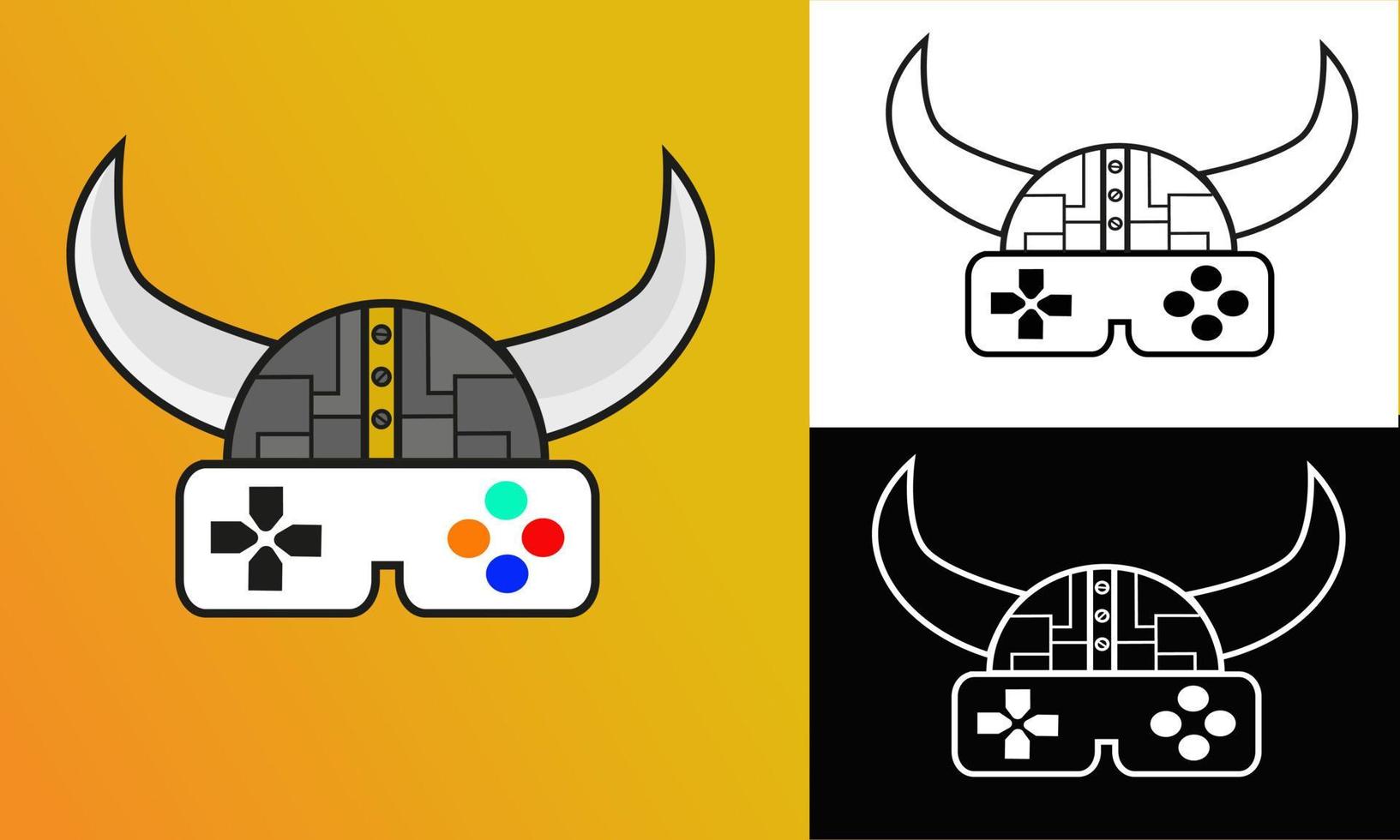 logotipo de casco vikingo futurista. Combinación de casco vikingo y consola de juegos, perfecta para tienda de juegos, desarrollador de juegos, blog de reseñas de juegos o canal de vlogs, fanático de los juegos o comunidad, etc. vector