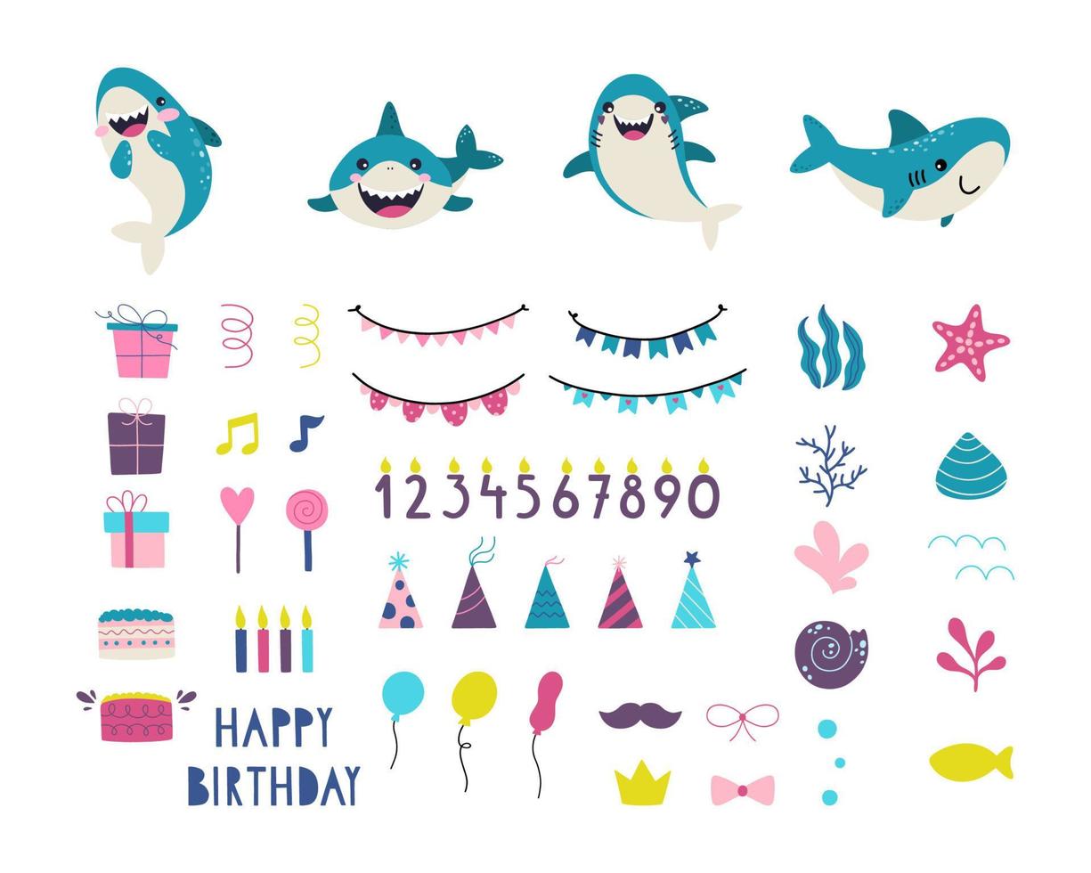 conjunto de tiburones de cumpleaños vector