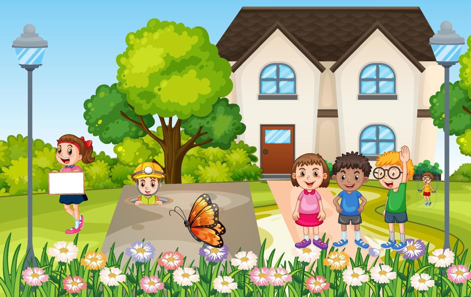 House scene with many kids vector
