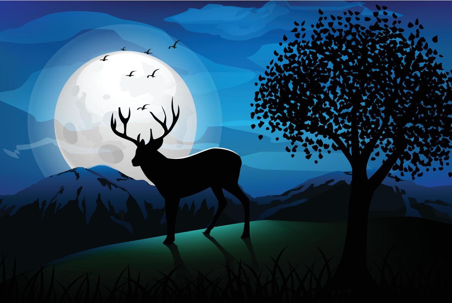 hermosa luz de la luna con ciervos en el bosque nocturno vector