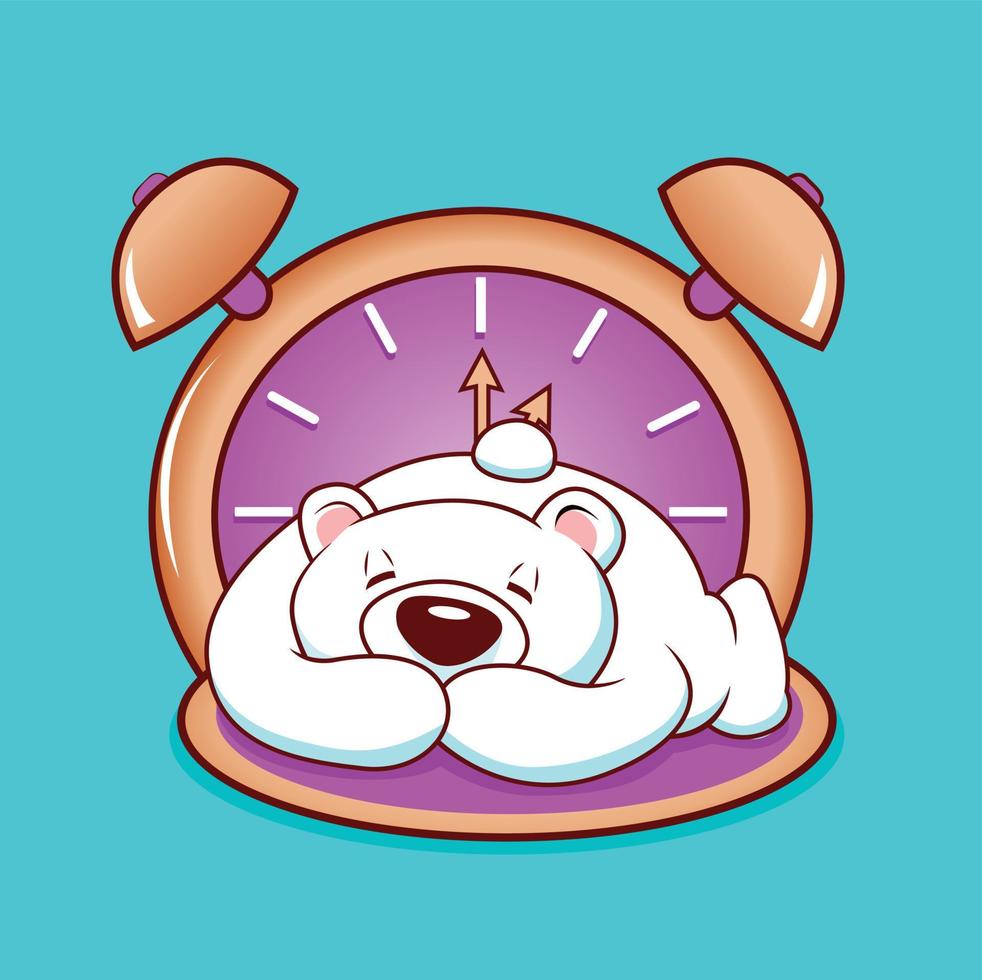 Polar bear sleeping with clock Art and Illustration vector