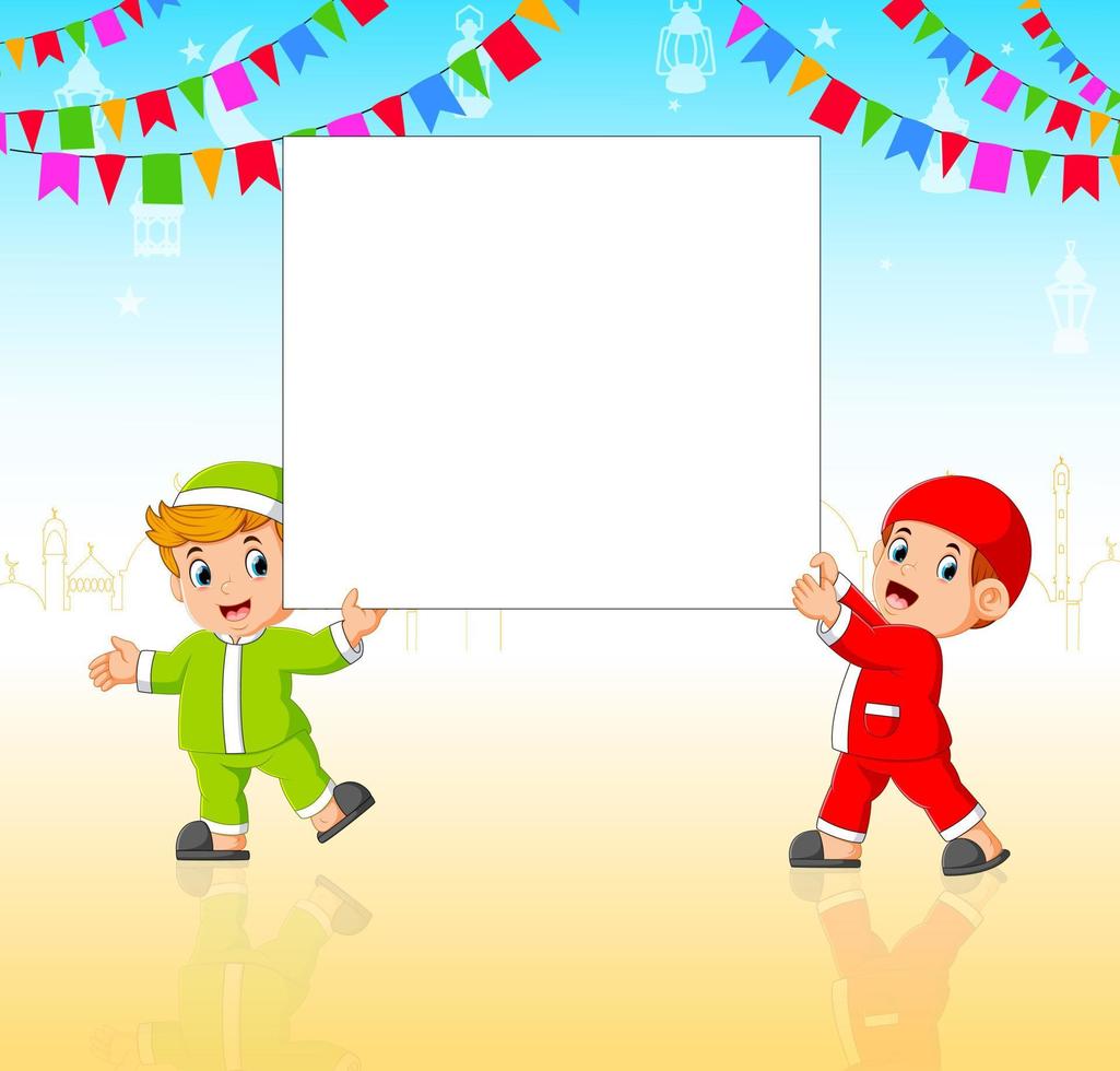 two children are holding the blank banner in the party vector