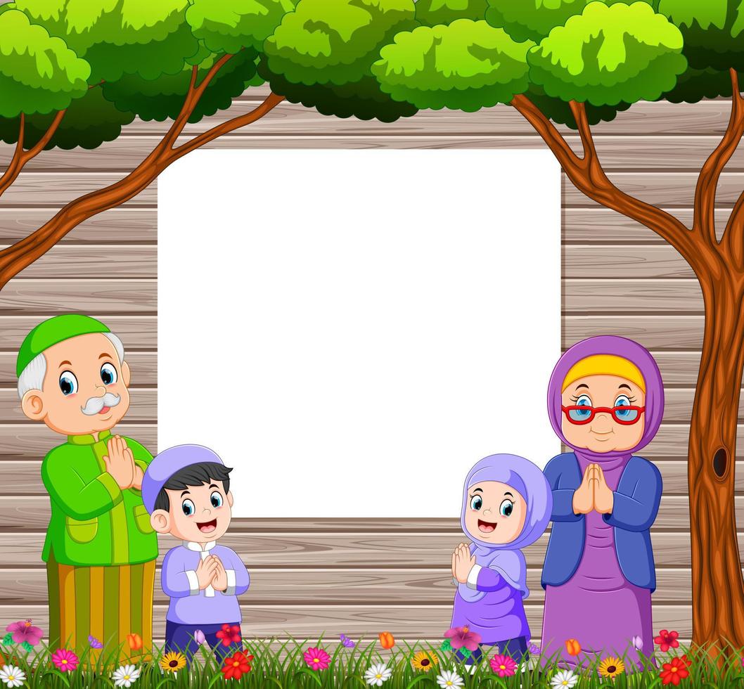 grandmother and grandfather with their grandchild are giving the greeting of ied mubarak near the blank board vector