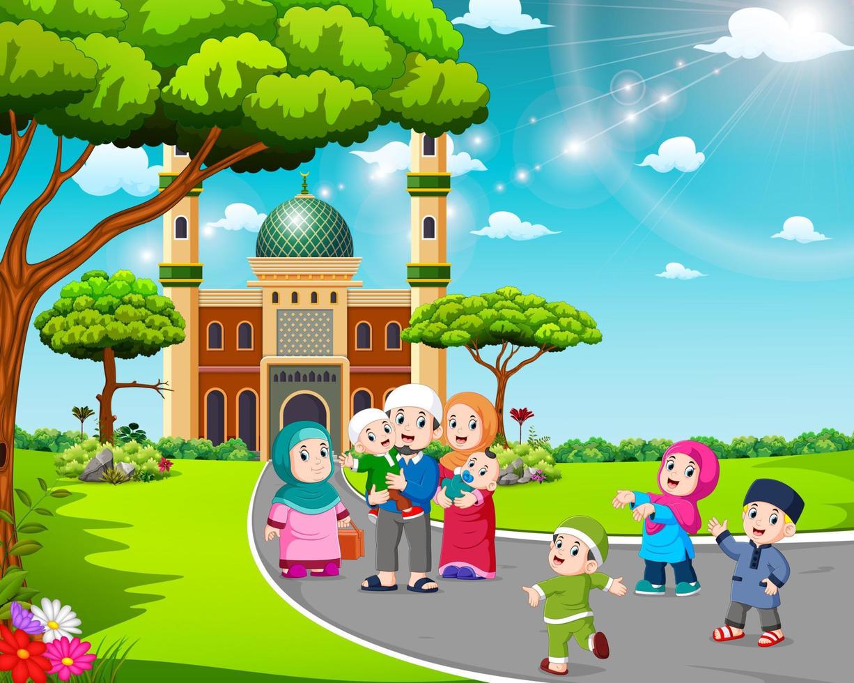 the children and their parents are walking to the mosque vector