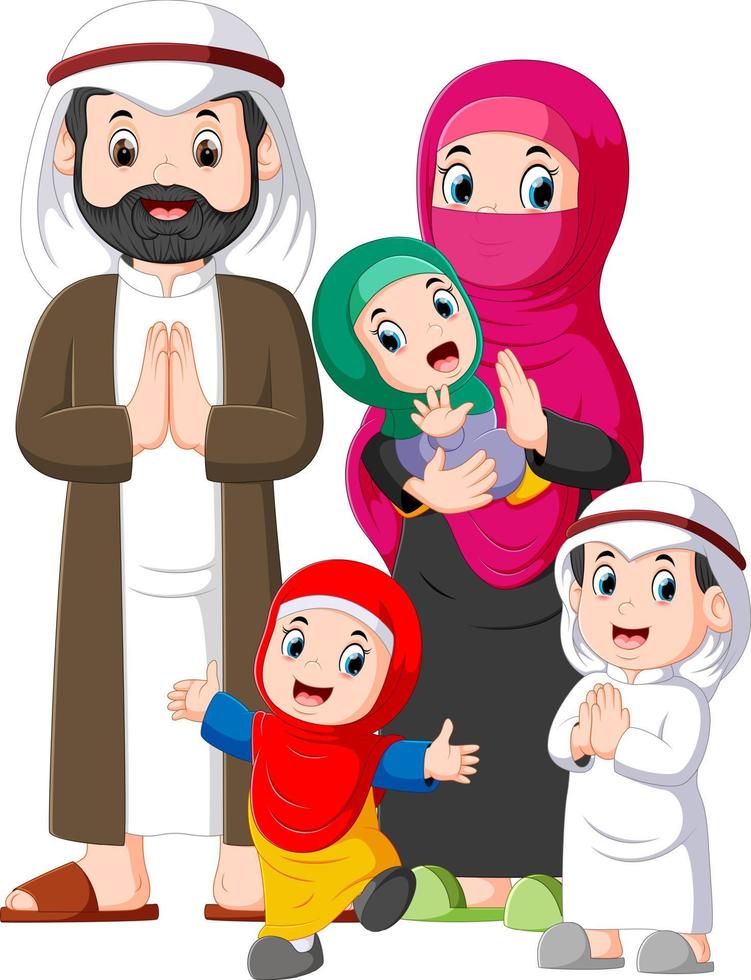 A muslim family with three children are giving the greeting forgiveness of ied mubarak vector