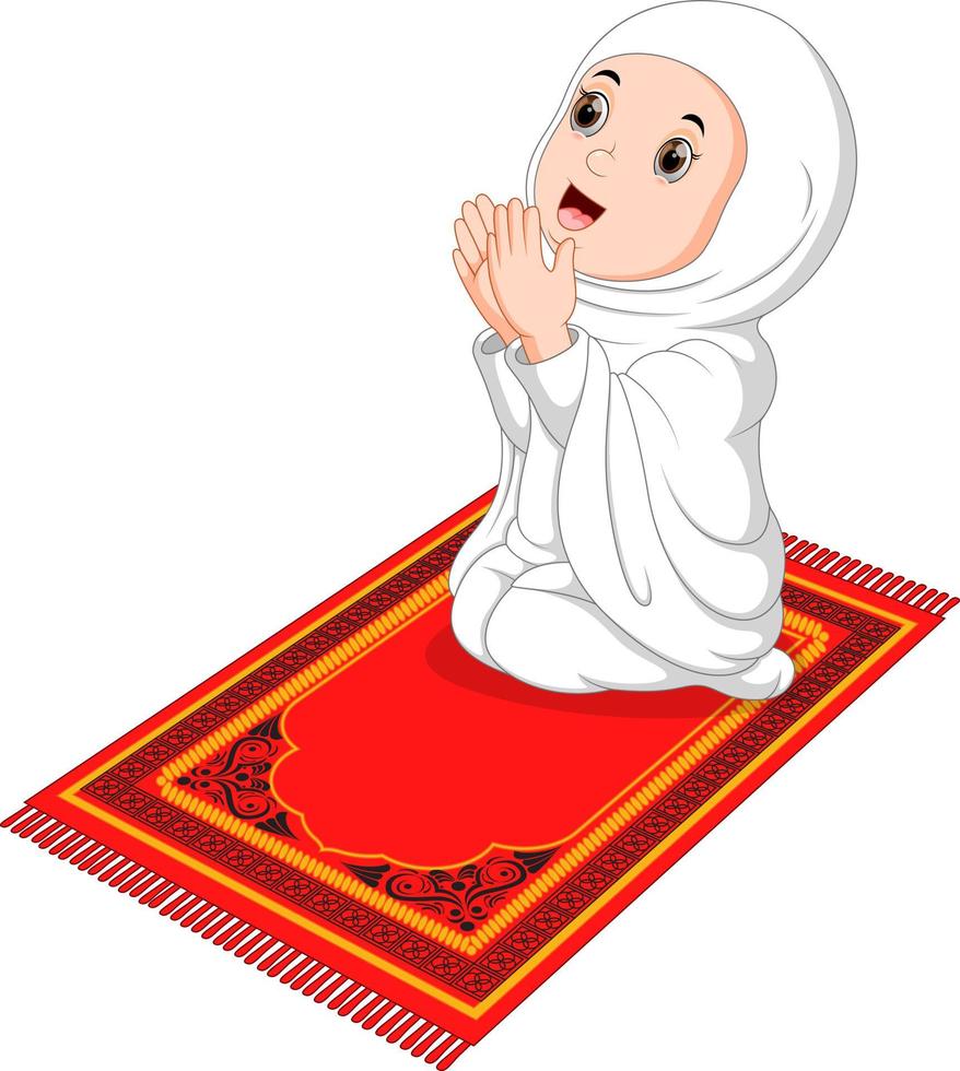 Muslim girl sitting on the prayer rug while praying vector