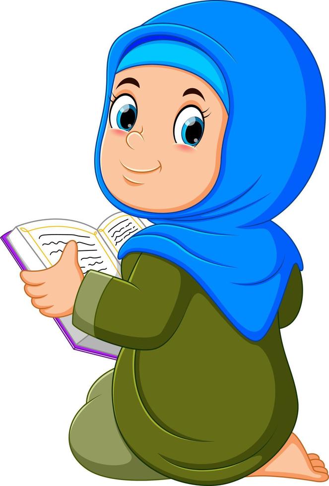 the beautiful girl with blue veil is holding al quran vector
