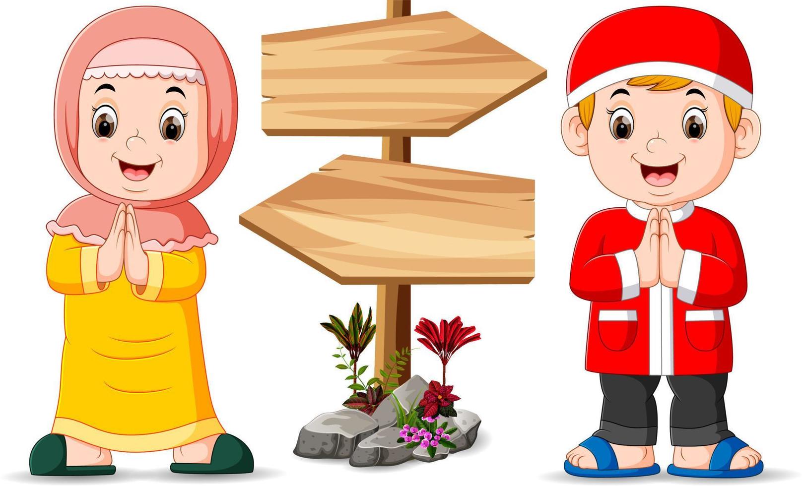 the two muslim children are standing near the wooden signpost vector