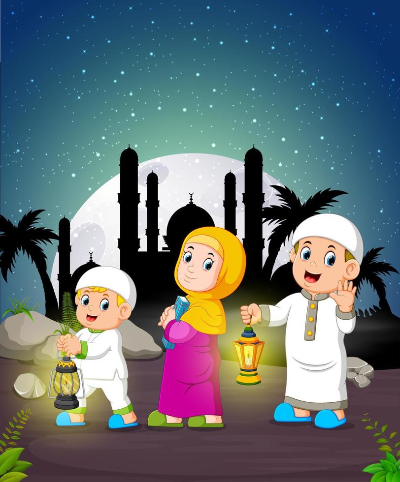 the children are holding the Ramadan lantern under the moonlight vector