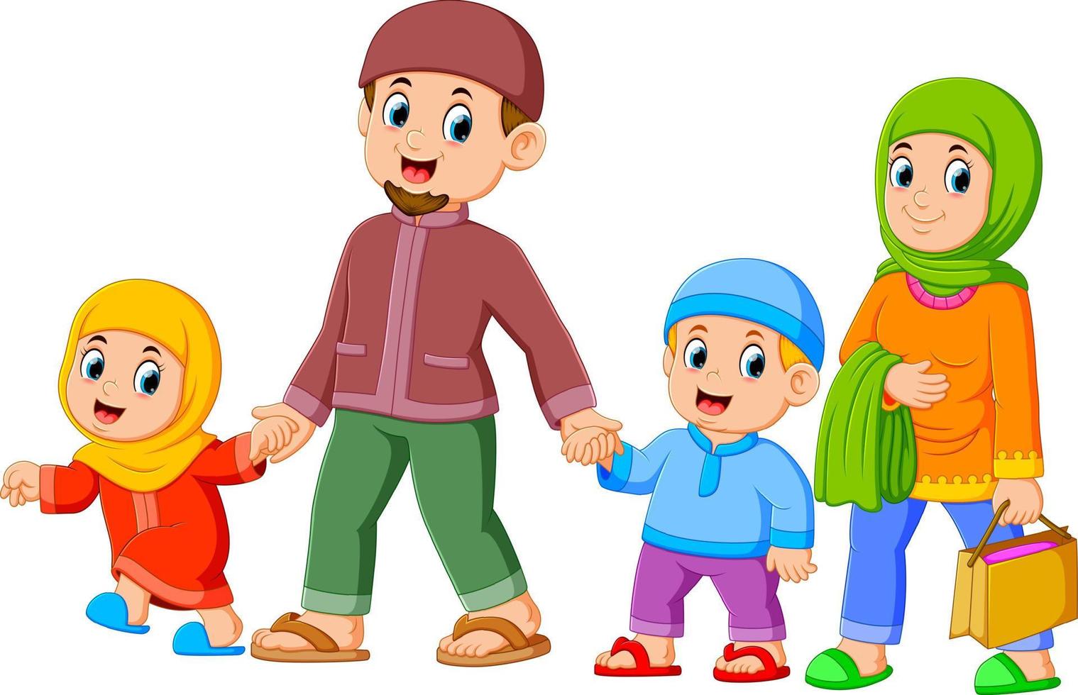 A happy family are walking together with their new clothes for celebrating ied mubarak vector