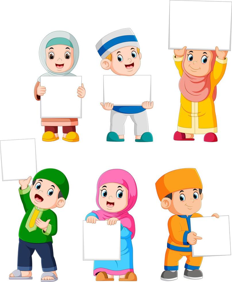 collection of muslim kids holding big blank sign vector