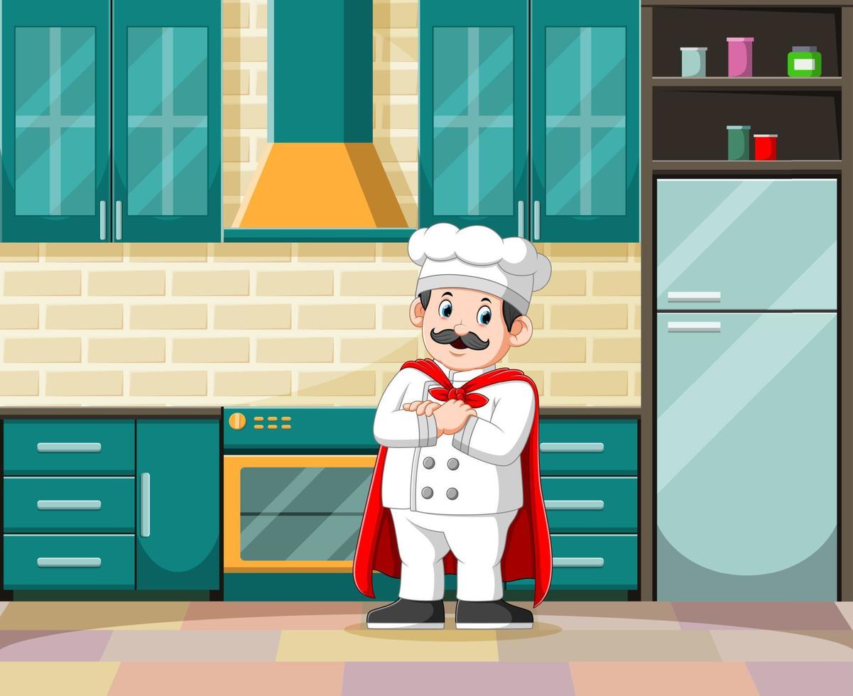 el maestro de la cocina con su traje blanco en la cocina vector