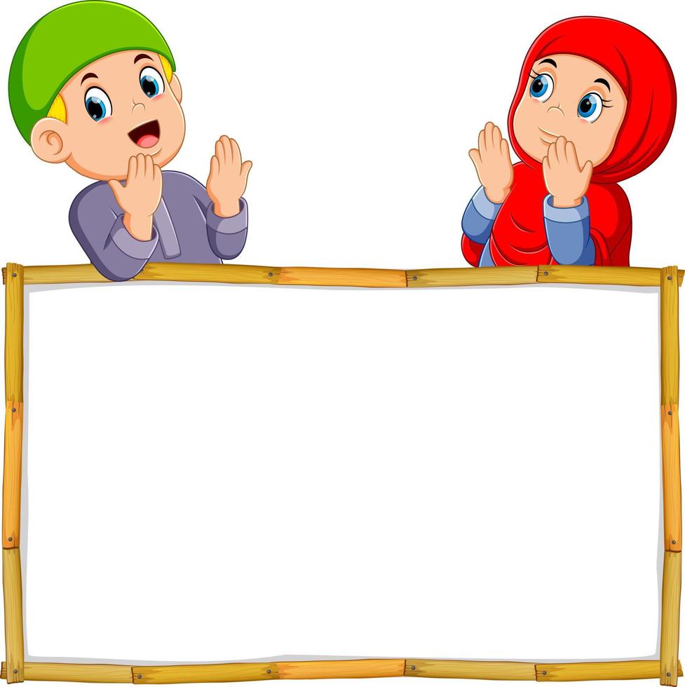 the two children are praying above the wooden blank banner vector