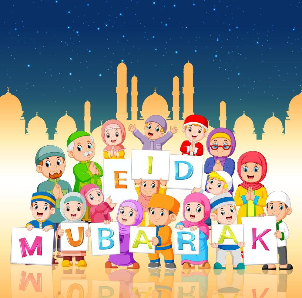 the children are holding the ied mubarak board in the night of ramadhan vector