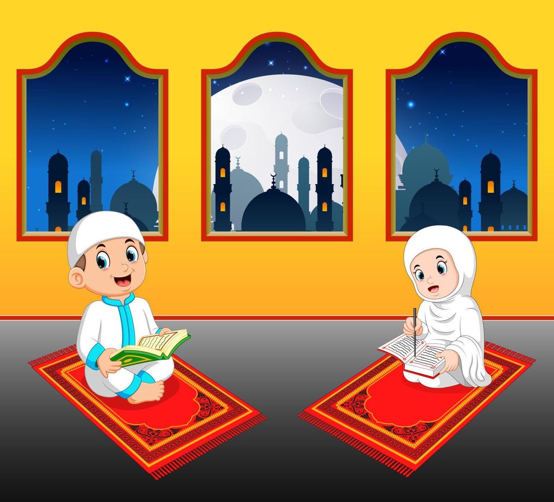 the two children are reading al quran on their prayer rug near the window vector