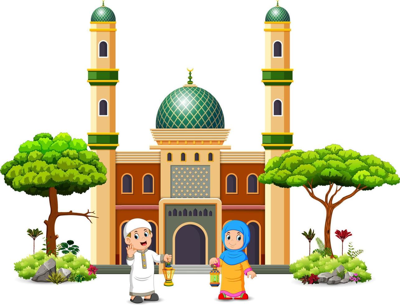 the boy and the girl are holding the ramadhan lantern in front of the green mosque vector