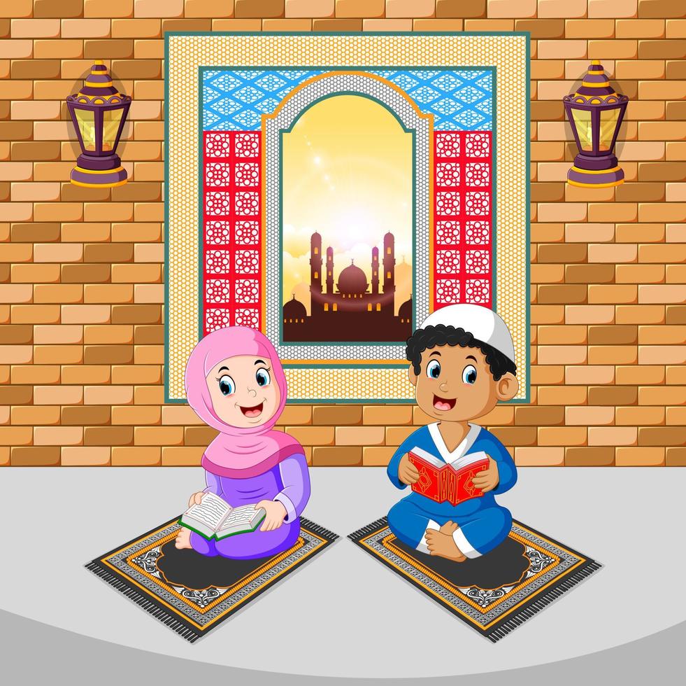 the two children are reading and praying with the happy face on the ramadhan vector