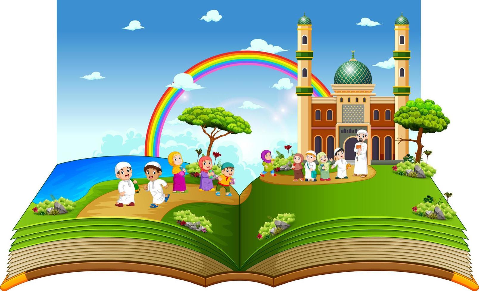 the beautiful story book with the children playing near the mosque on it vector