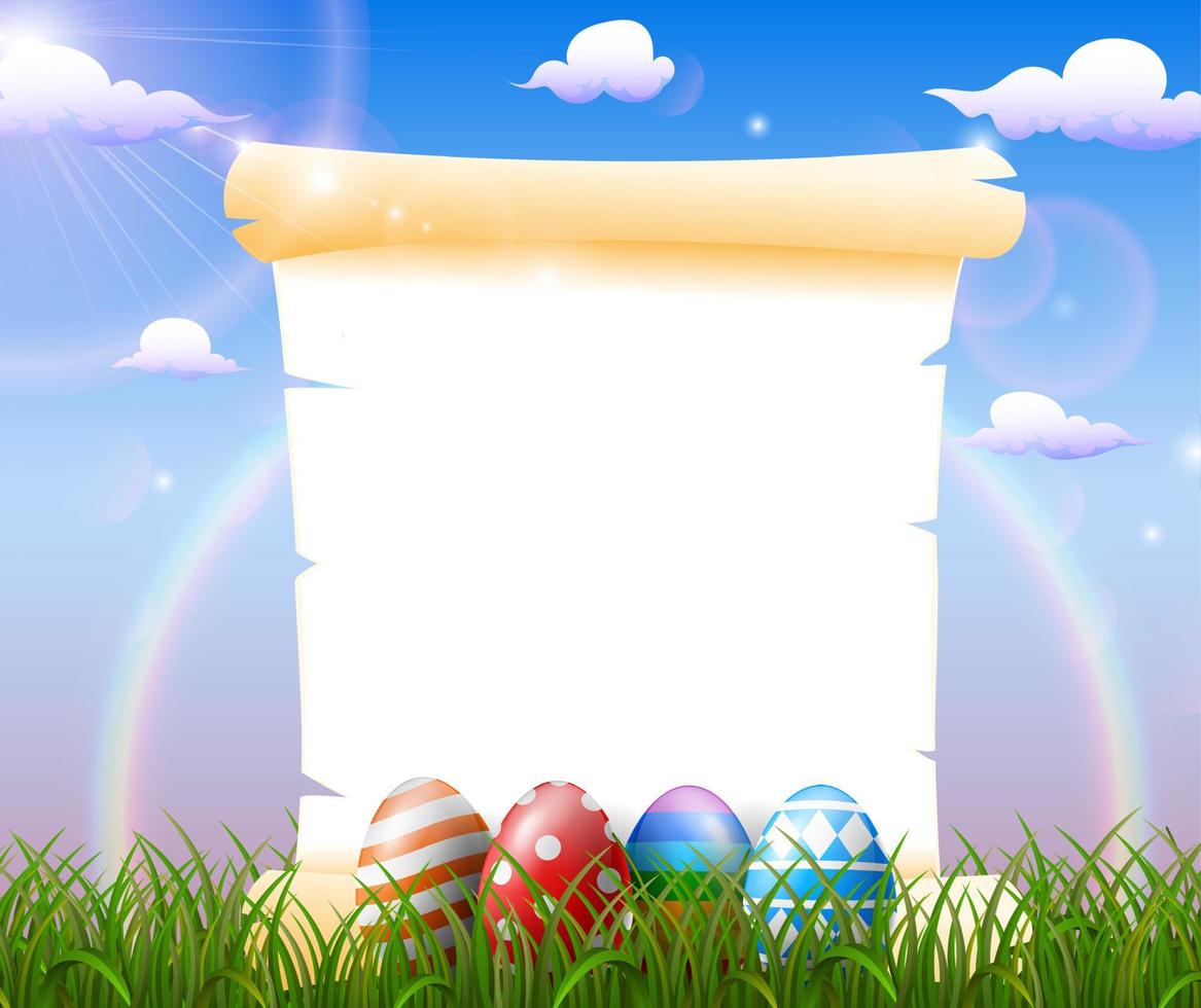Blank paper in the grass field with decorated Easter eggs vector
