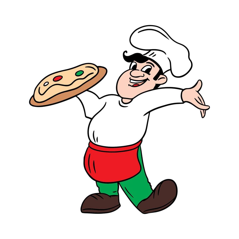 Italian chef with a pizza. Pizzaiolo vector illustration.