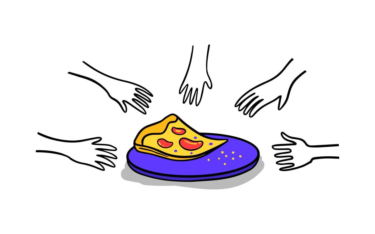 Hands and the last piece of pizza. Pizza time. vector