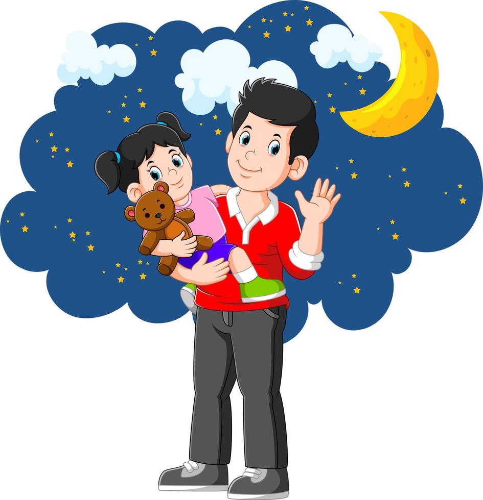 Cute girl is going to bed with his father vector
