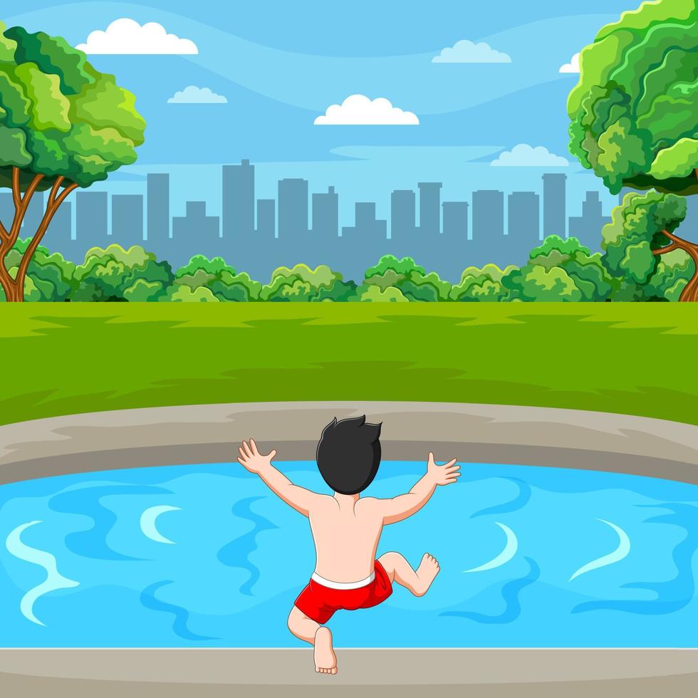 The little boy is going to swim in the pond vector