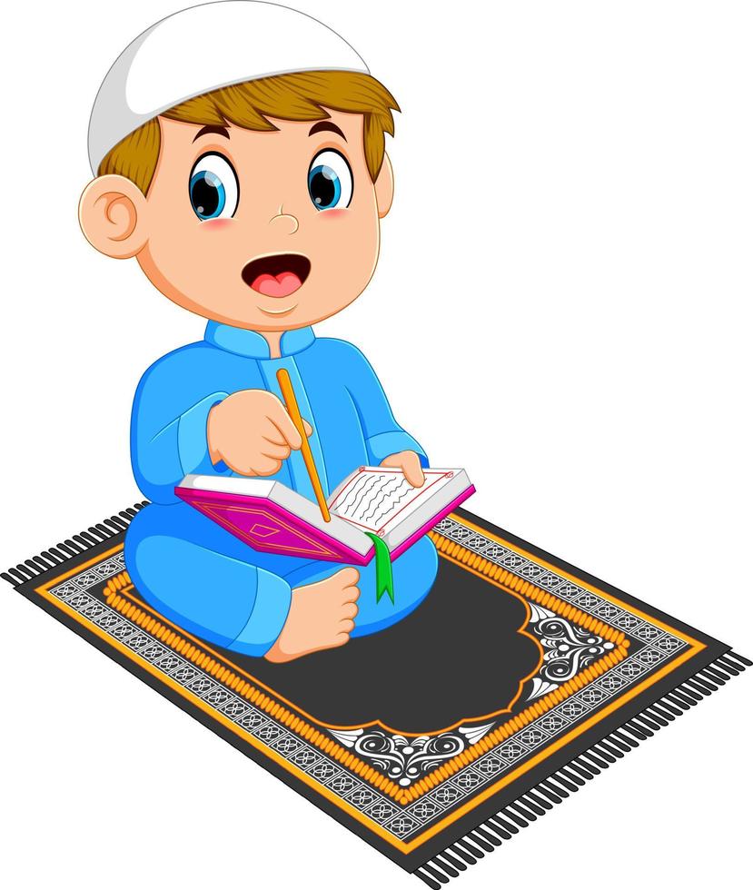 the boy with the blue caftan is reading the al quran on the prayer rug vector