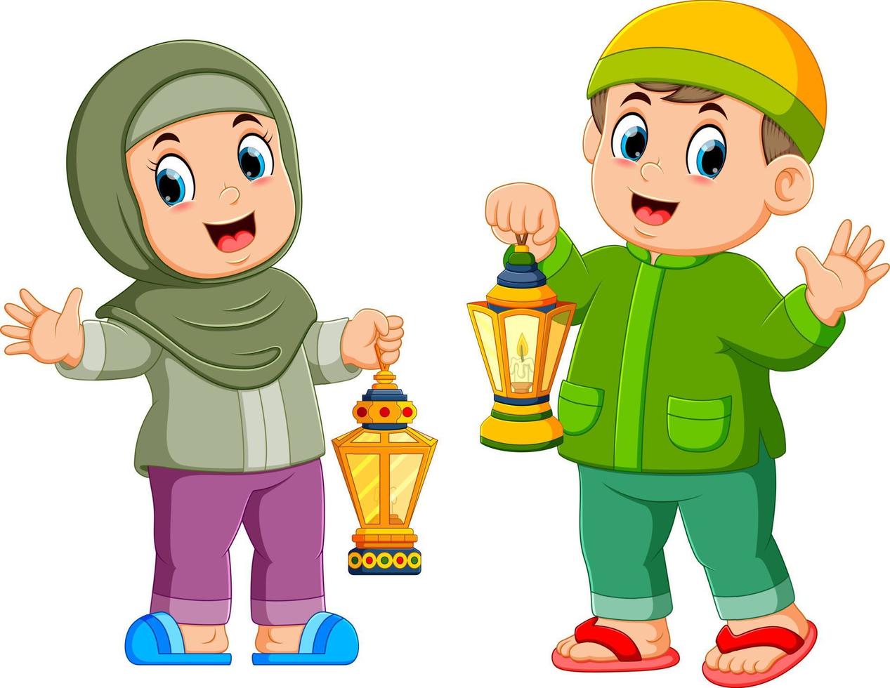Moslem kids holding lantern vector
