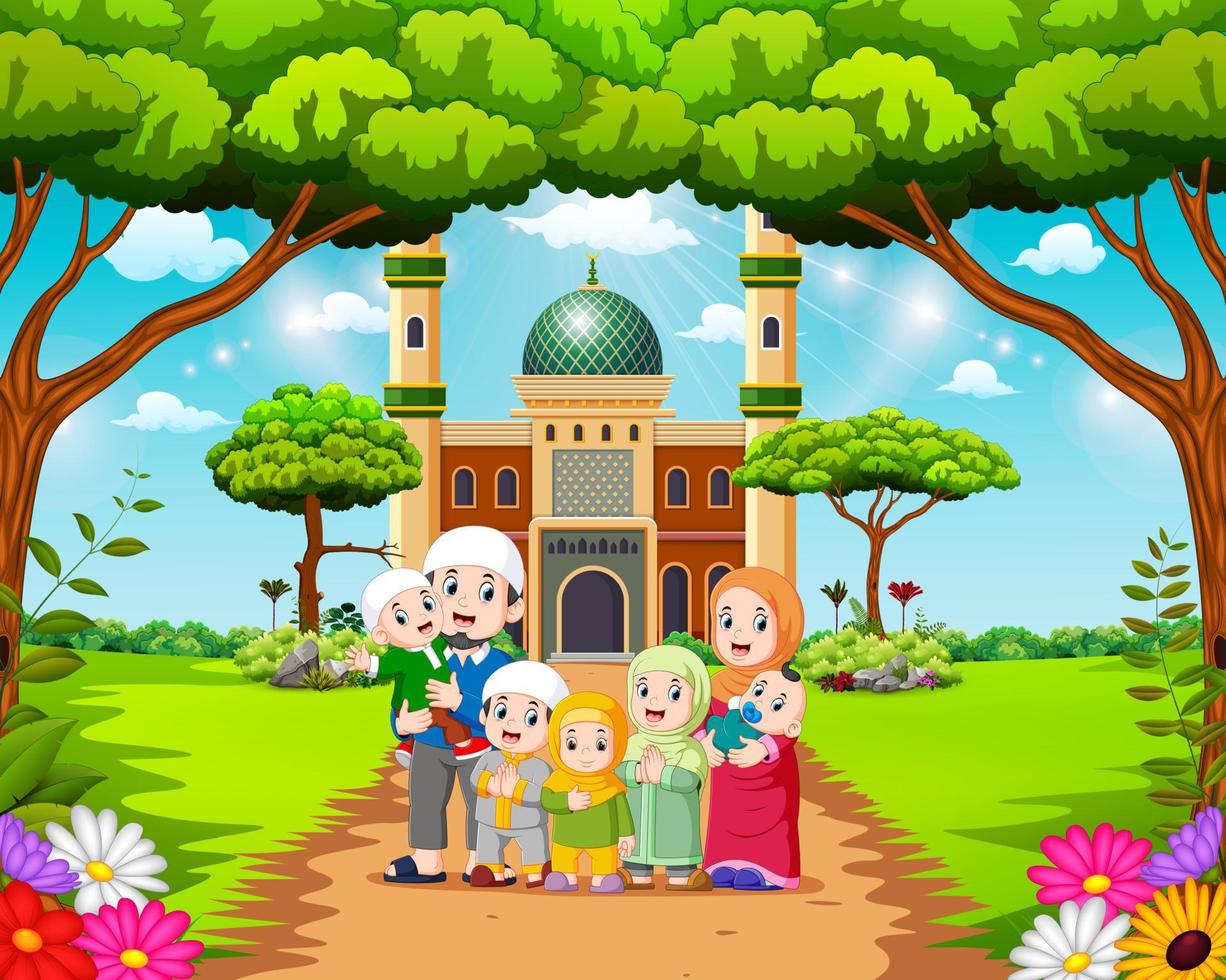 the happy family are posing in front of the beautiful mosque vector