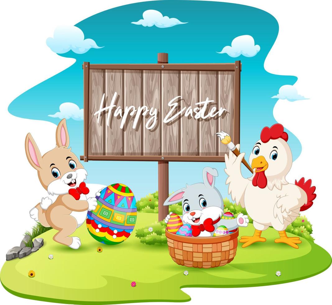 happy bunny and rooster painting egg with blank wood sign background vector