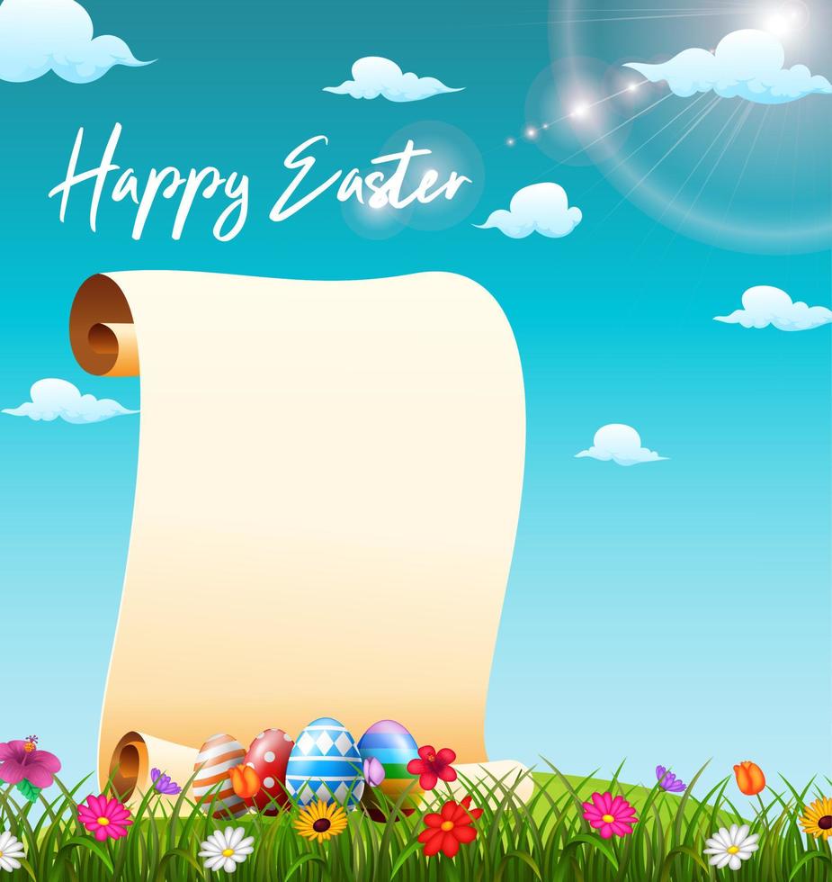 Blank paper scroll in the grass field with decorated Easter eggs vector