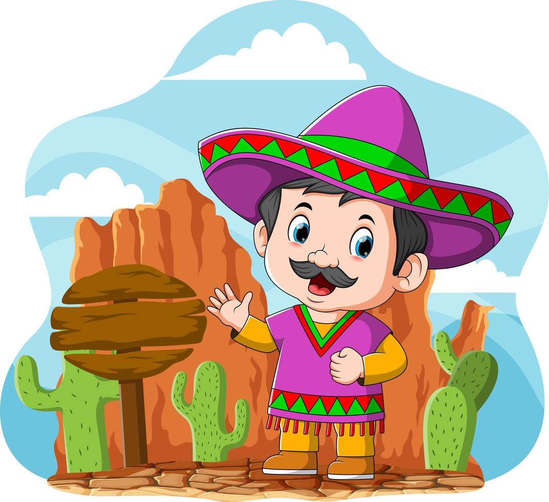 The mexican uncle standing near the road sign and the cactus vector