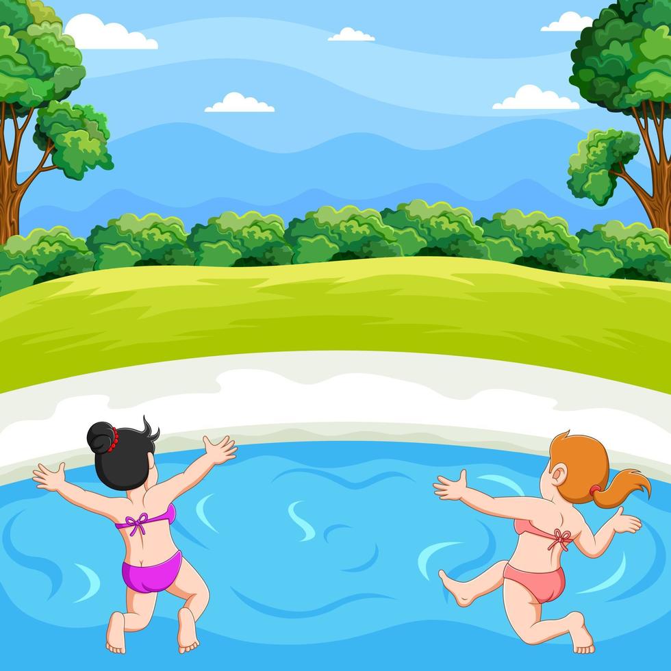 Two children are playing together in the pond vector
