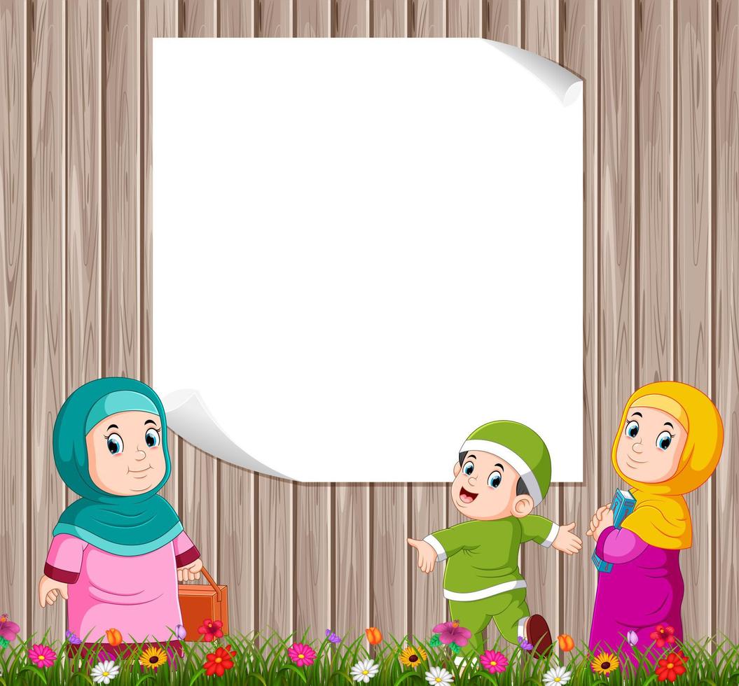 the children are standing and playing with their mother near the blank banner vector