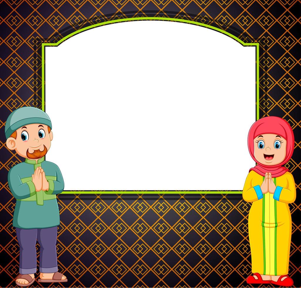 two adult is standing in front of the blank banner with the mosaic pattern vector