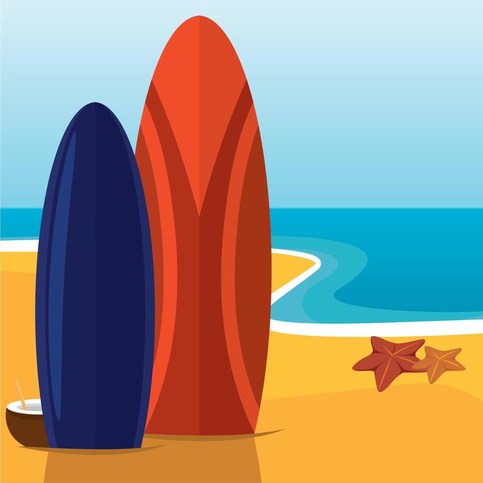 Póster tablas surf playa paisaje verano ilustración vectorial vector