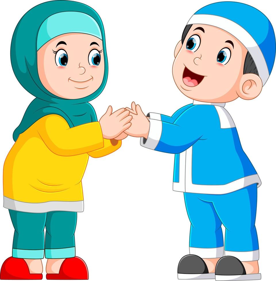 the boy and the girl are giving the greeting of ied mubarak vector