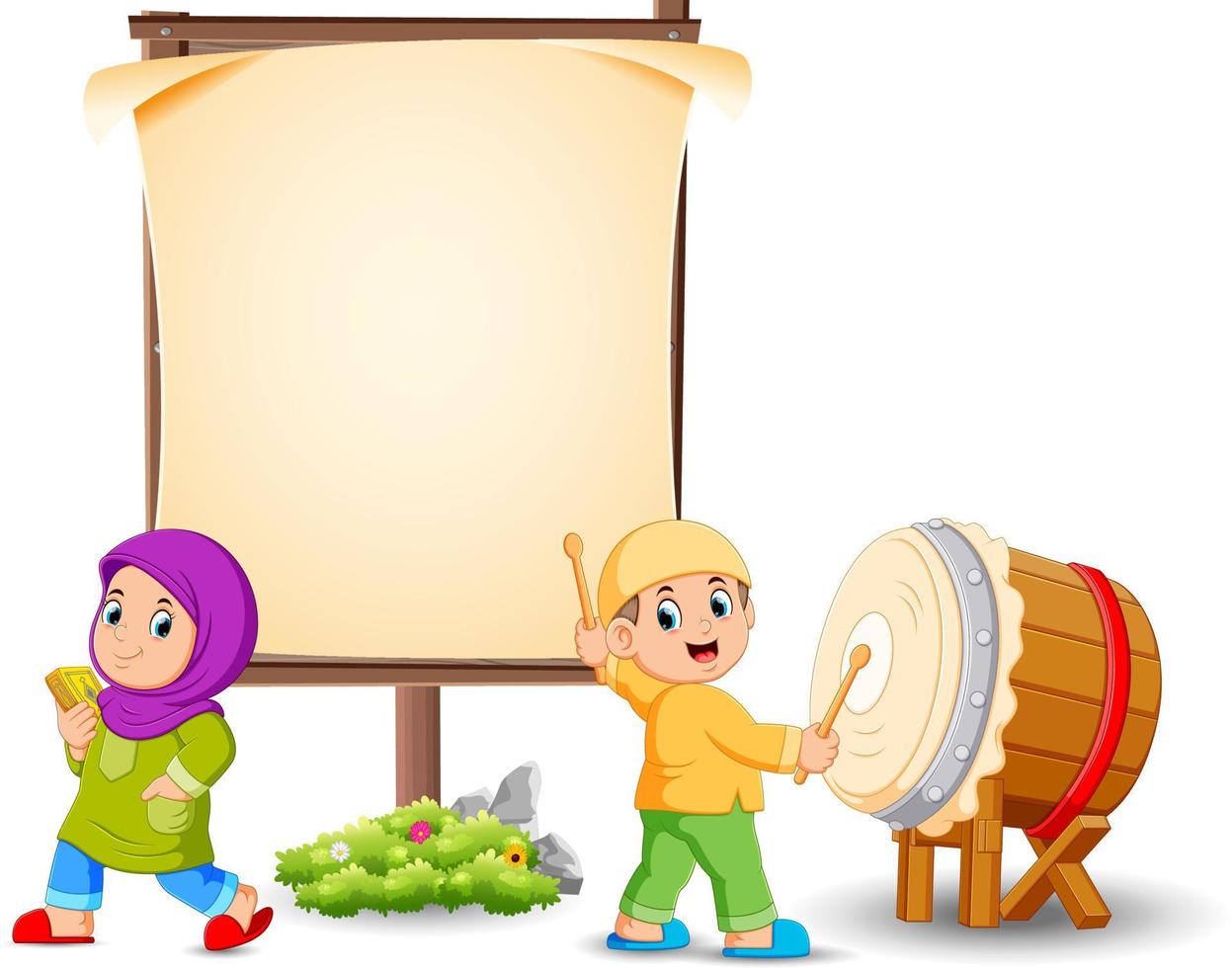 the girl is posing near the blank banner and the boy is hitting the drum vector