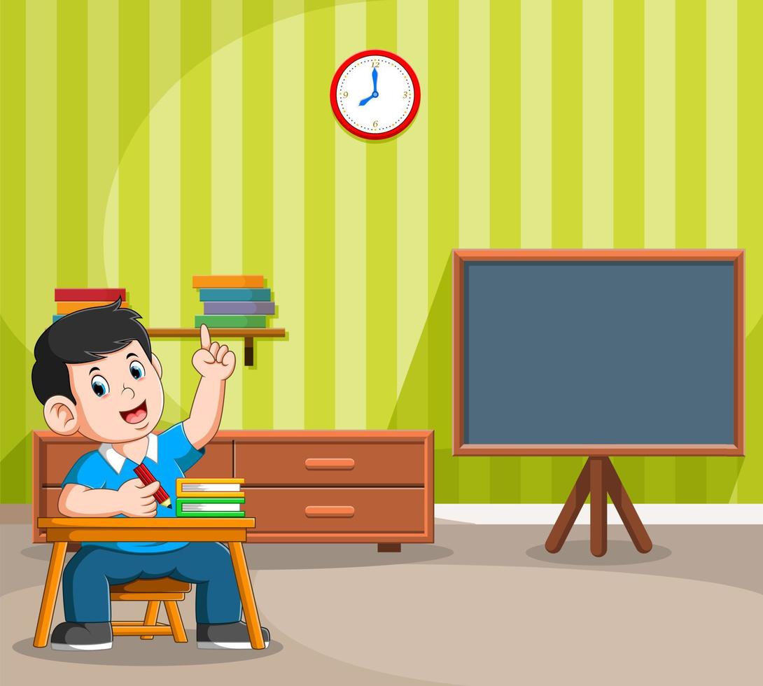 The boy studies in the school near the blackboard vector