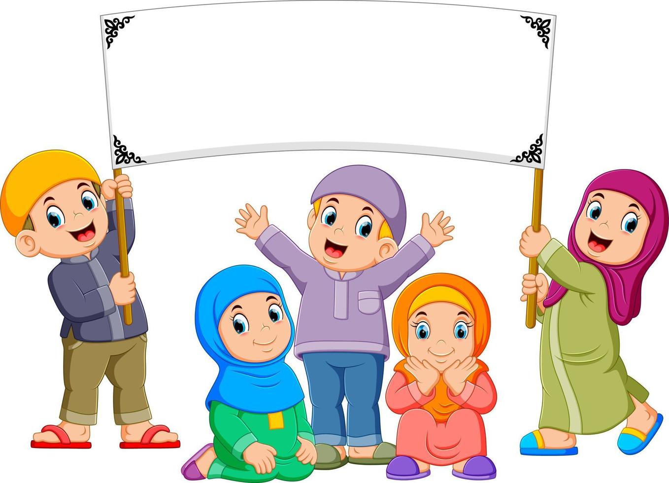 A happy family are playing and holding the blank banner vector