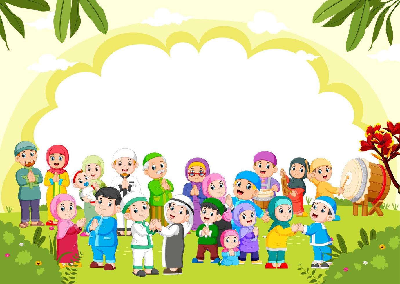 the cute green banner with the muslim people around it vector