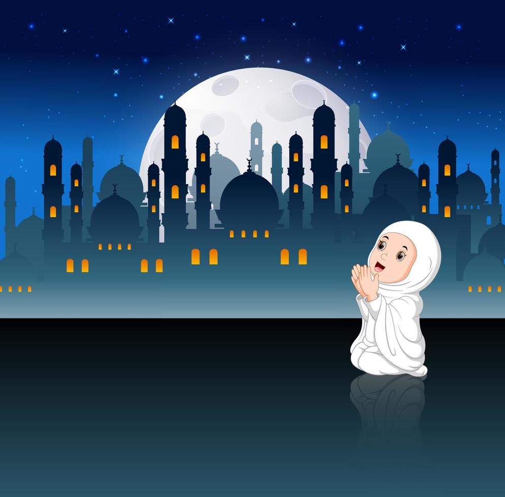 the cute girl with the white cloth are praying in the night of Ramadan vector